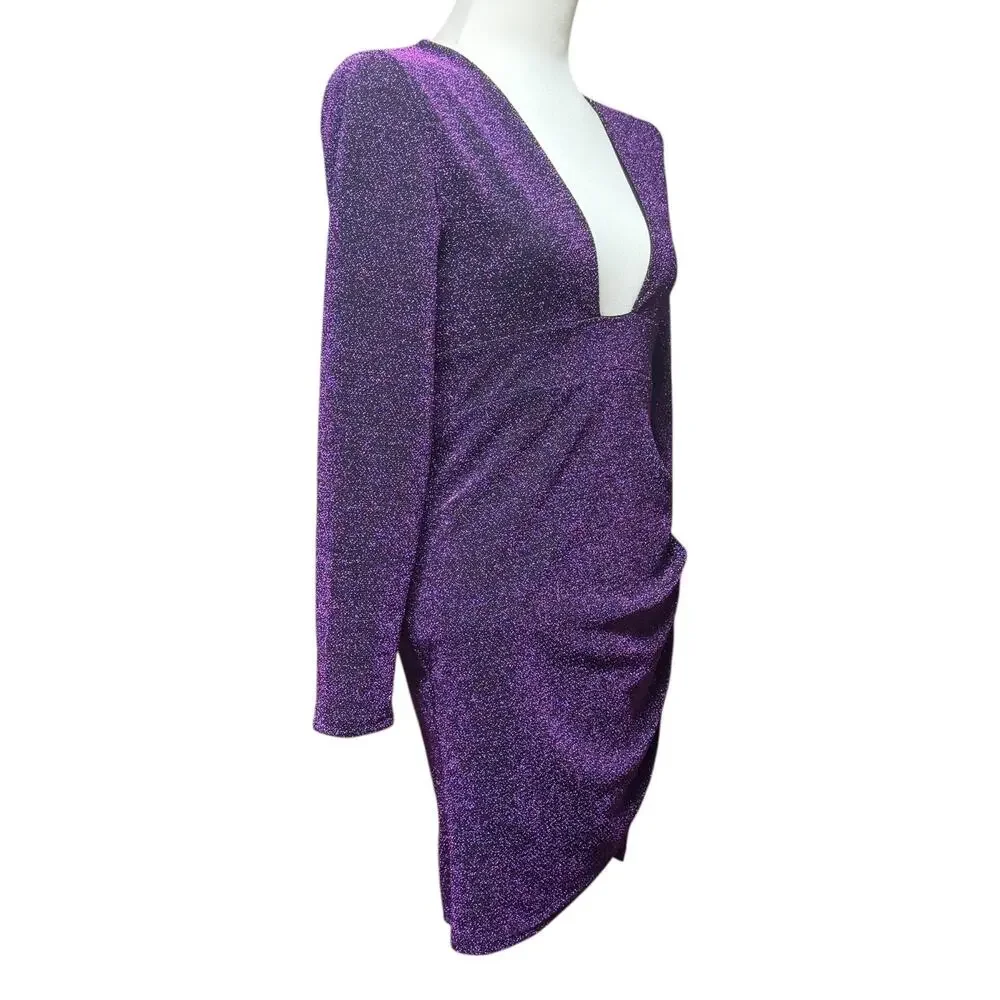 Long Sleeve Open Back Mini Dress Black Purple Sparkle Large